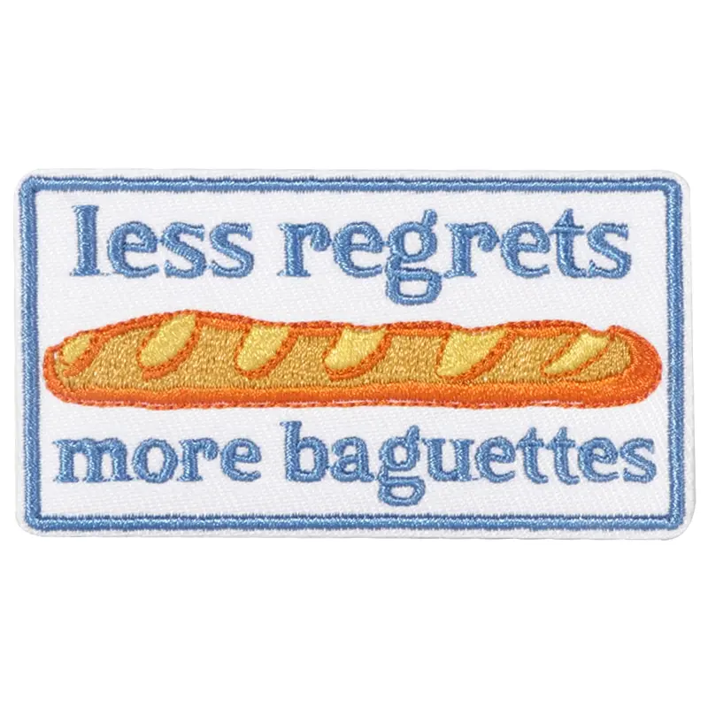 Less Regrets More Baguettes Hand Embroidered Patch, Embroidery Patches, Back Adhesive Iron-On, Suitable for Clothes Jackets Hats Accessories