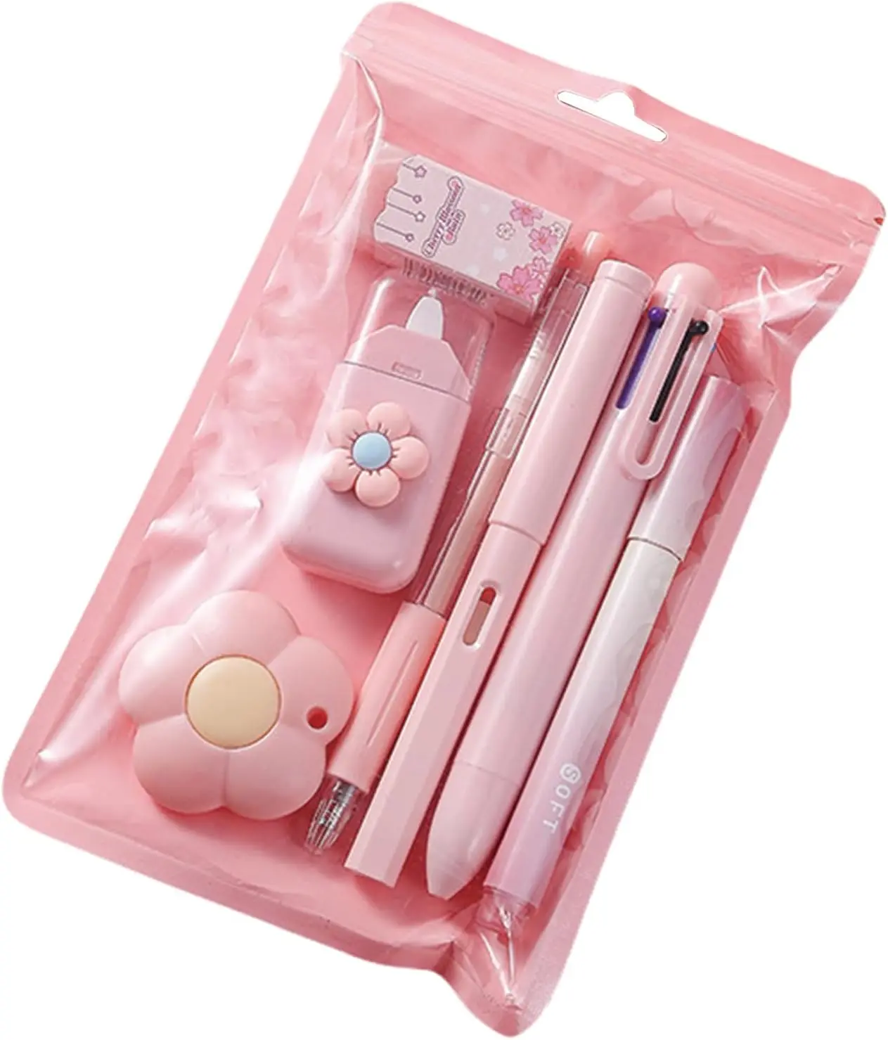 7-Piece Pink Stationery Set Including Ballpoint Pens, Pencil Sharpener, Highlighter, Correction Tape, Ruler, and Utility Knife