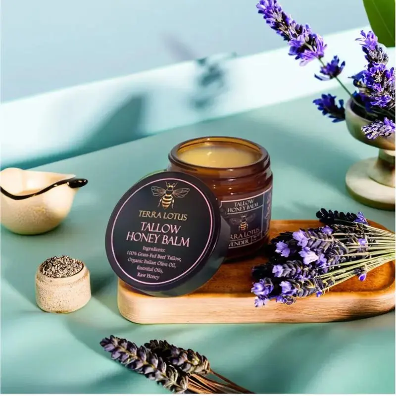Terra Lotus Organic Grass-Fed Beef Tallow Balm with Raw Honey - Handmade, All-Natural Body Balm Moisturizer for Soft, Smooth, Radiant Skin