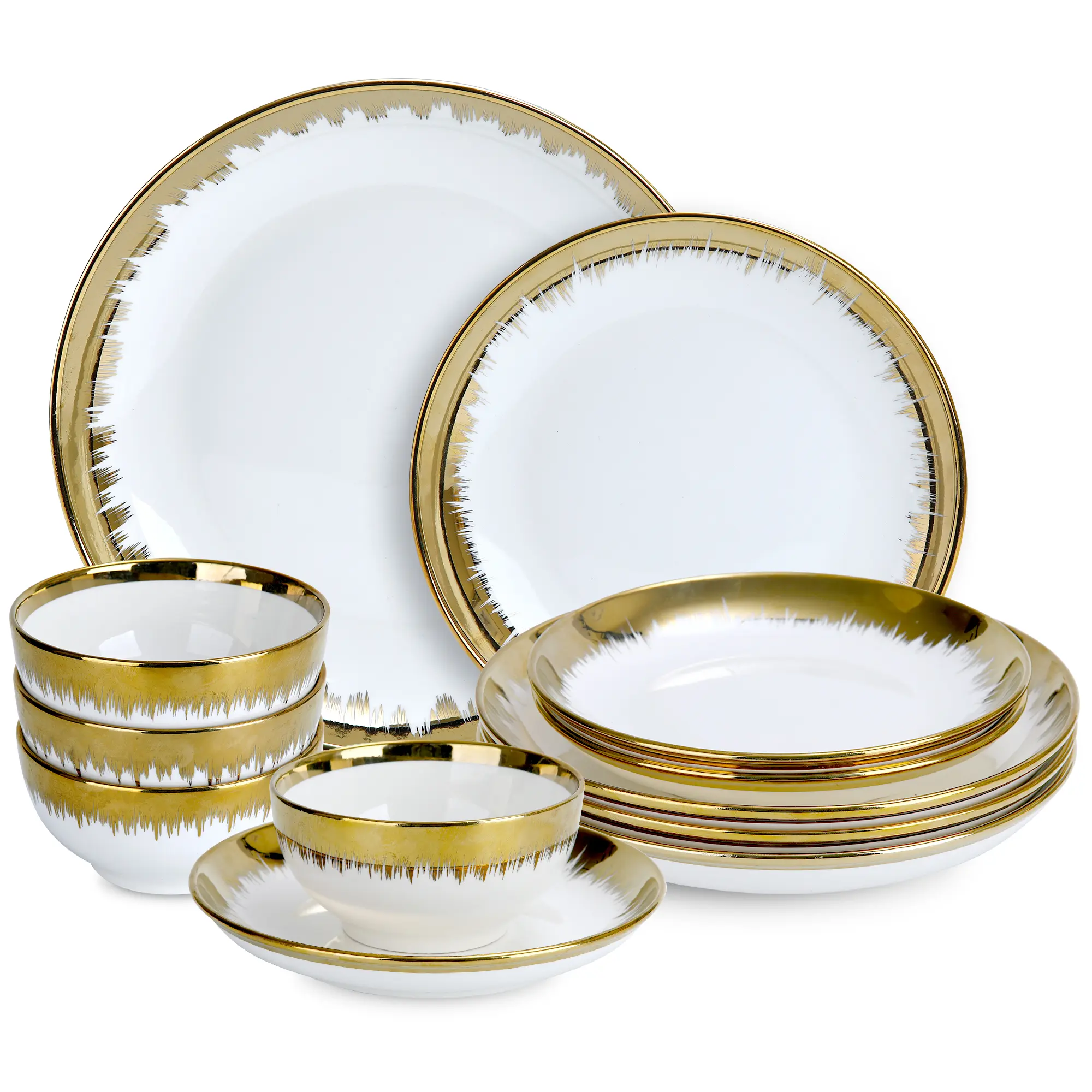 Luxury 12-Piece Porcelain Tableware Set - Service for 4, Modern White & Gold Dinner Plates & Bowls, Chip-Resistant Deep-Well Series
