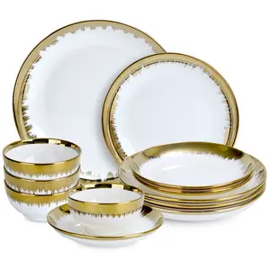 Luxury 12 Piece Porcelain Dinnerware Sets Service for 4 - Modern  White & Gold Plates & Bowls, Chip Resistant,Deep-well plate series