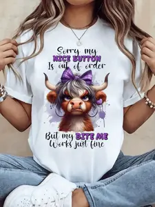 Women's Humorous Scottish Highland Cow Graphic T-Shirt, Sorry My Nice Button Is Out of Order Quote, Soft Breathable Versatile Top