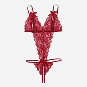 Women Teddy Lingerie Lace Teddy Bodysuit Deep V Teddy with Bow Detail Sexy lingerie Adjustable straps Bodysuit boudoir nightwear sleepwear Lace open cup woman sexy lingerie