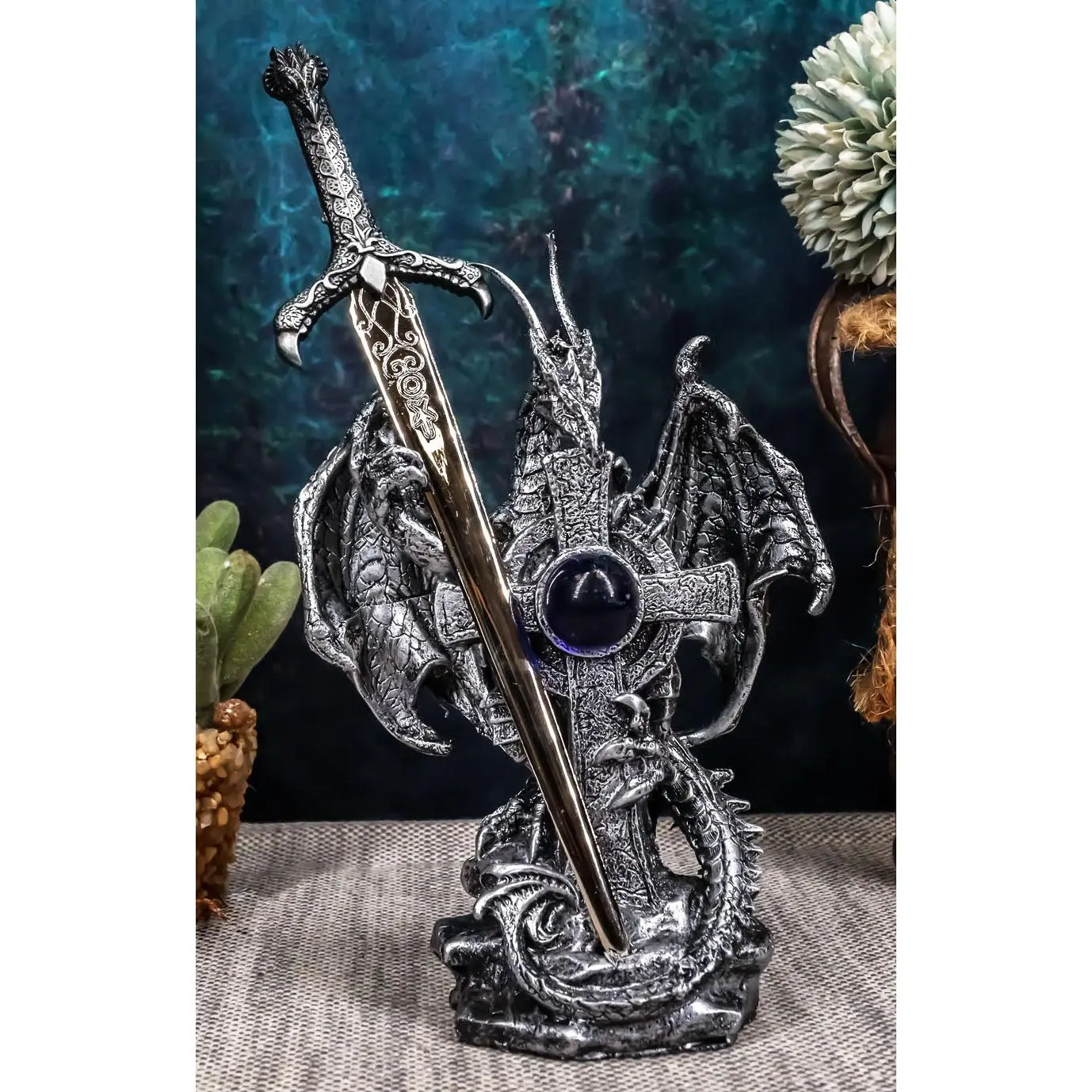 Ebros Gift Legendary Silver Dragon Guardian of The Celtic High Cross Letter Opener Figurine Sculpture Home and Office Decorative Sculpture Medieval Renaissance Dungeons and Dragons Fantasy