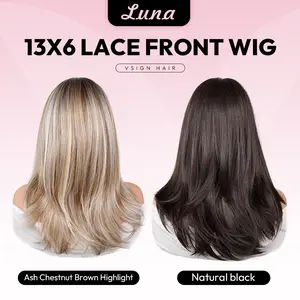 [New] VSIGN Lightweight Wolf Cut  Ash Chestnut Brown Highlight Natural Black 13×6 HD Lace Frontal Straight Layered Free part Pre-Plucked Hairline Heat Resistant Synthetic wig [Luna]