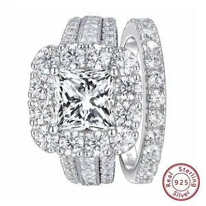 2Pcs 925 Silver Wedding Rings Set for Women Halo Princess Cut White Cubic Zircon Vintage Luxury Jewelry Engagement Ring  #Love Story#Love Story #Love Story