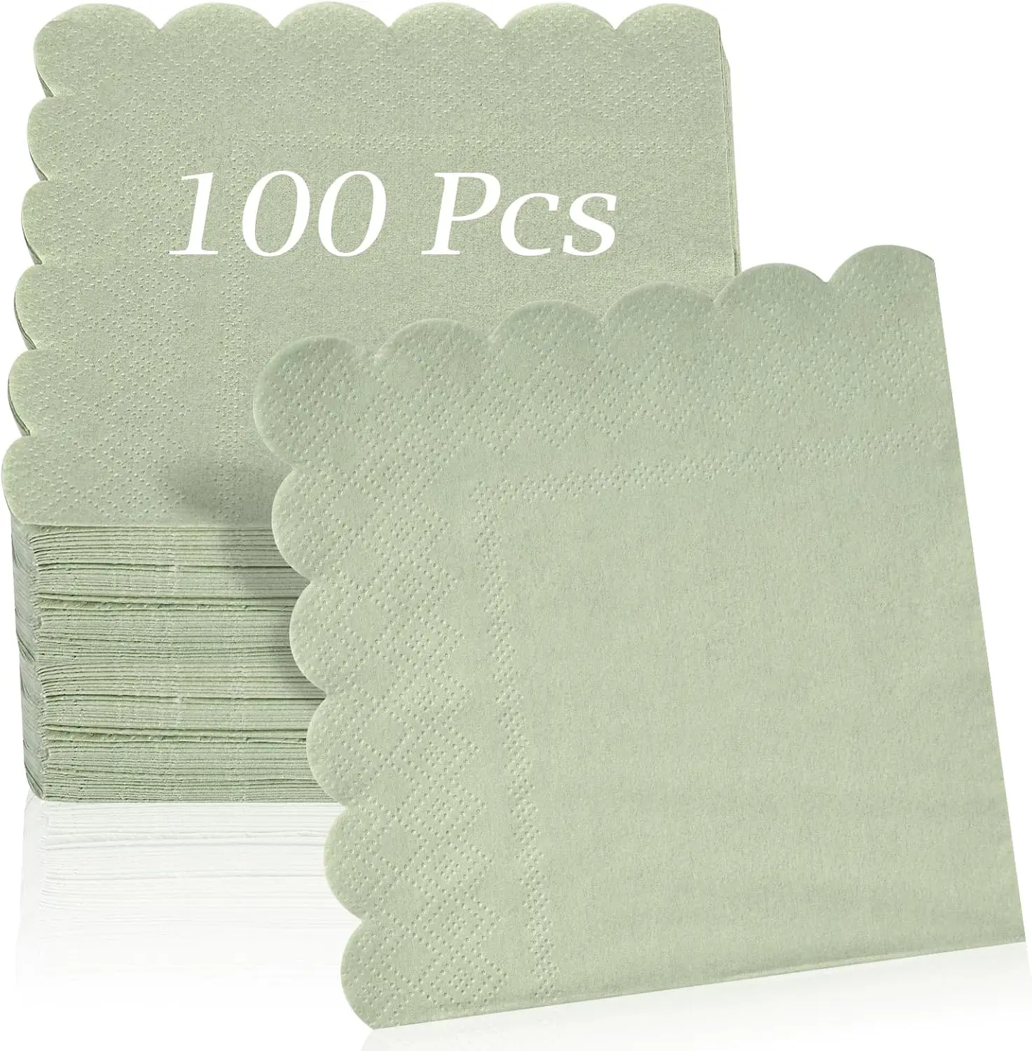 100 Pcs Cocktail Napkins, 2-Ply 5 x 5 Inches Disposable Scalloped Napkins, Thick Premium Dessert Napkins for Party, Wedding, Dinner, Birthday, Anniversary, Festival (Sage Green)
