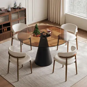 Bellemave 35-in Dark Brown Round Tempered Glass Dining Table Set of 4 with Carbon Steel Legs - Indoor Dining Room Furniture, Suitable for 2-4 People, Ideal for Apartments