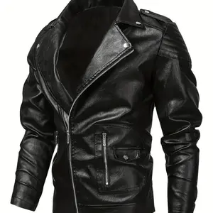 Men's Leather Motorcycle Jacket American Style Diagonal Zipper for Spring and Autumn