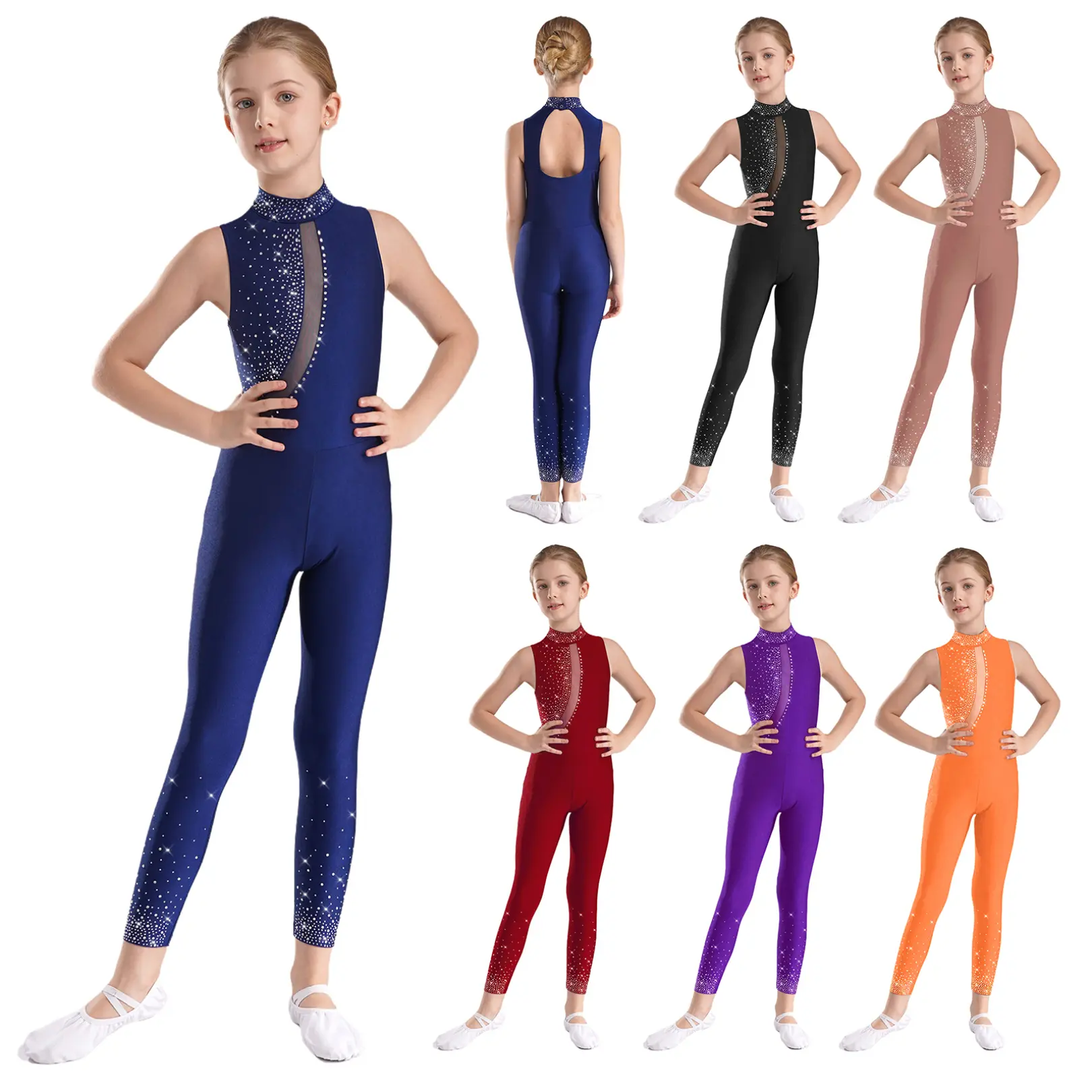 easyforever Girls' Rhinestone Unitard Costume, Sleeveless Mock Neck Gymnastics Jumpsuit with Sheer Mesh for Dance and Stage Performance, Gym Outfits, Rhinestones, Acrobatics, Sleeveless Jumpsuit, Figure Skating, Polyester Blend