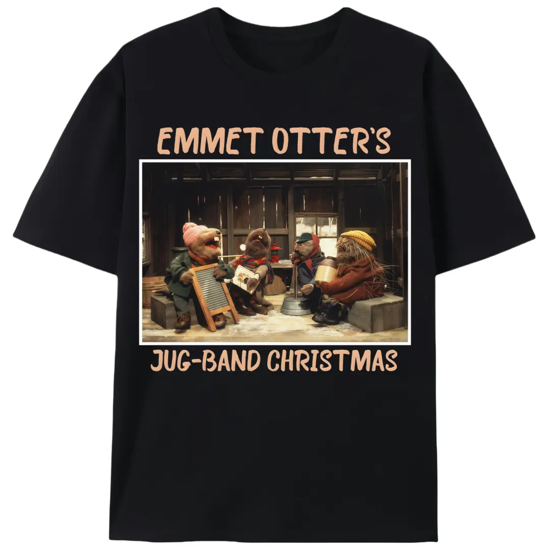 2025 New Summer Men's 100% Cotton Knitting Short-Sleeve T-Shirt - Stretch Fabric, Premium Round Neck, Emmet Otter's Jug-Band Christmas Print, Retro Vintage Fitted Cut, Solid Color, Black & White Options, Casual S-5XL Tops, Printed Art, Pure Cotton