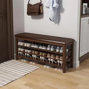 Shoe Bench with Leather Cushion, 3 Tiers Shoe Storage Bench Height Adjustable, Walnut Wood Entryway Bench for Hallway, Mudroom