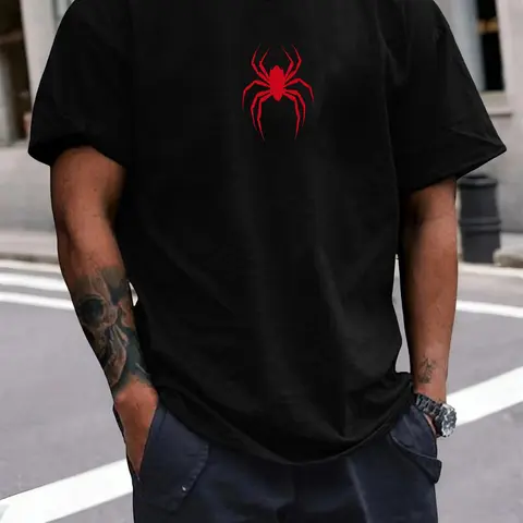 Men's Spider Print Round Neck Tee, Regular Fit Casual Short Sleeve Crew Neck T-Shirt for Summer, Fashion Men's Top for Daily Wear, Casual Style Tee, Tropical, Casual Summer Clothes, Casual Graphic Design, Graphic Clothing