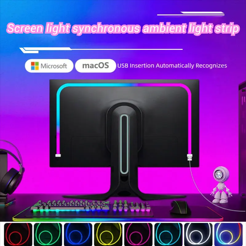 Sync RGB LED Strip Light for Gaming Monitors, Adjustable Rgb Lighting, Rgb Light Effect, Rgb Backlit, Colorful Backlight Support Wind MAC Systems, Fits 24-27-32 Inch Screens, Easy Desktop Installation, Neon Light, Vibrant rgb lighting