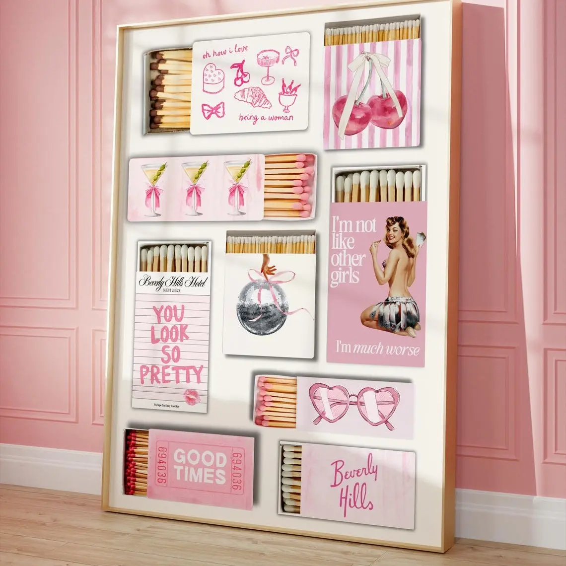 Pink Coquette Matchbox Graphic Art Print - Unframed Wall Art, Multi-Size Decorative Artwork Photo, Trendy Vintage Retro Kid Room Decoration, Long-Lasting Ink Paper Poster, Home Supplies