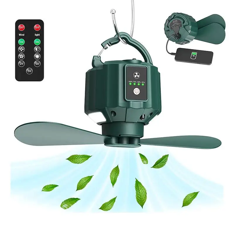 Rechargeable Outdoor Tent Fan with LED Lights, Outdoor Camping Fan with Remote Control & Power Bank Function for Tent Travel