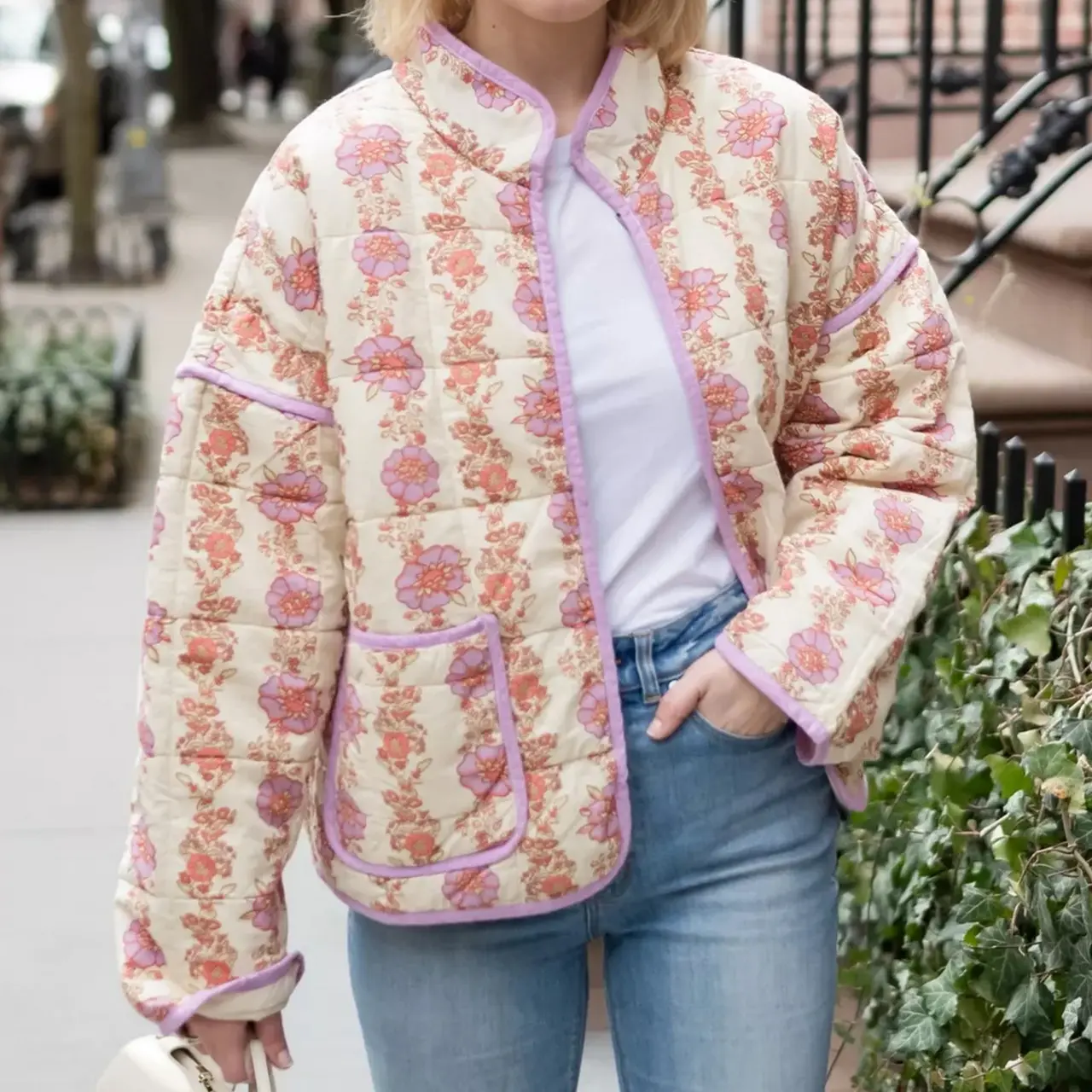 Women's Vintage Boho Quilted Jacket, Cropped Floral Print Puffer Top with Long Sleeves, Lightweight Soft Padded Cotton Fabric Cardigan Outwear
