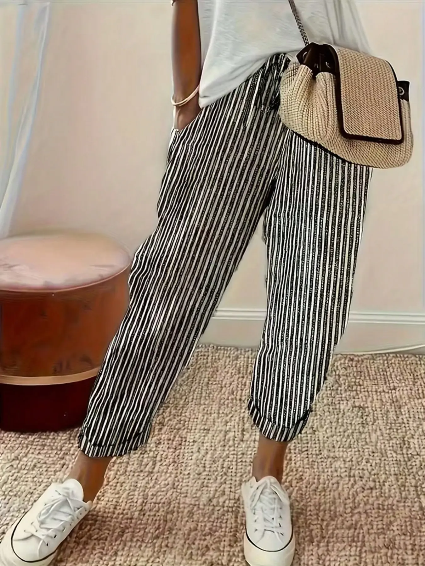 Women's Striped Casual Harem Pants, Elastic-Waist Slimming Ankle-Length Carrot Pants, Baggy, Casual Stretch Waist