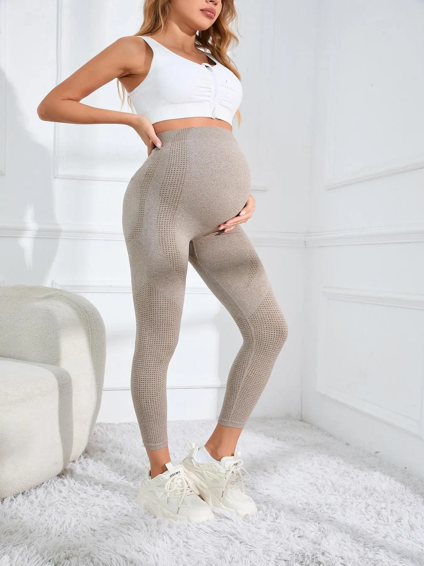 Maternity Solid Color Ruched High Waist Leggings, Casual Fit Maternity Comfy Breathable Skinny Pants for Pregnancy & Postpartum, Maternity Bottoms for All Seasons, Pregnancy Clothes