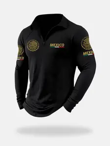 Men's Mexico National Emblem Printed Graphic Long Sleeve Polo Shirt, Breathable Comfort, Casual Sports, Fitted Quarter-Zip Athletic Top, All Seasons Wear