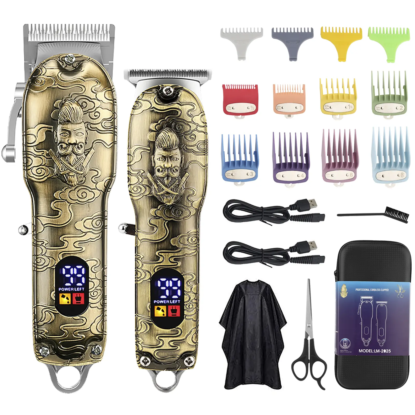 AMULISS Professional Hair Clippers for Men, Cordless Barber Clippers & T-Blade Trimmer Set, Vintage-Engraved Hair Cutting Kit with LCD Display & USB Charging, Complete Barber Tool Gift Set for Fathers & Boyfriends