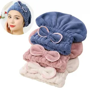 3 Pack Microfiber Hair Towel Cap for Women, Ultra Absorbent Fast Drying Hair Turban Wrap with Cute Bow, Extremely Soft Quick Dry Head Towels for Wet, Curly, Long & Thick Hair (Blue, Pink, Beige)