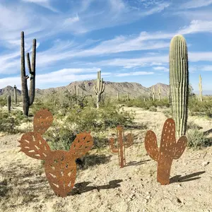 3 pieces, rusty iron cactus garden stumps, farmhouse style floor installation outdoor decoration, plant-themed metal art, ideal decoration choice for Easter, spring and summer garden courtyards