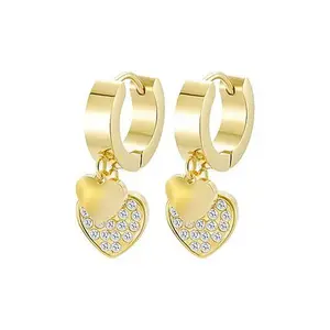 Stately Steel Double Heart CZ Charm Huggie Earrings