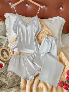 Women's V Neck Lace Trim Cami Shorts & Pants Set, Elegant Sexy Fitted Sleepwear 3 Piece Pack, All Seasons Fashionable Solid Color