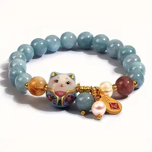 Lucky Cat Bracelet Feng Shui Good Luck Jewelry, Women's Wealth Protection, Natural Gemstone Crystal Bracelet, Daily Wear, Good Luck Gift, Elastic Bracelet