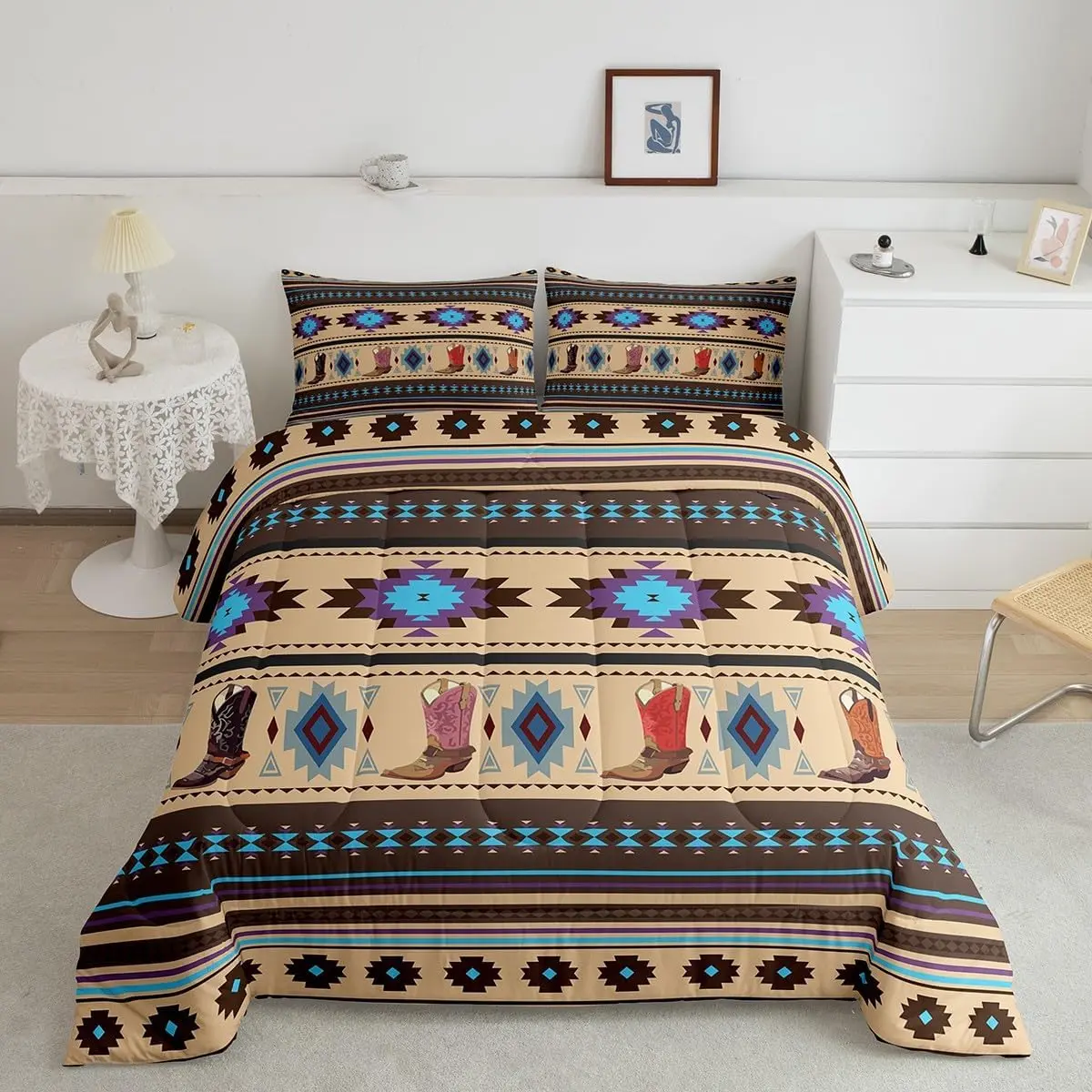 Feelyou Brown Western Luxury Duvet & Linens Set - Southwestern Designer Bedspread Set, Breathable Microfiber, Multi-Size Digital Print Cowboy Tribal Geometric Household Bedding, Household Bedding Set