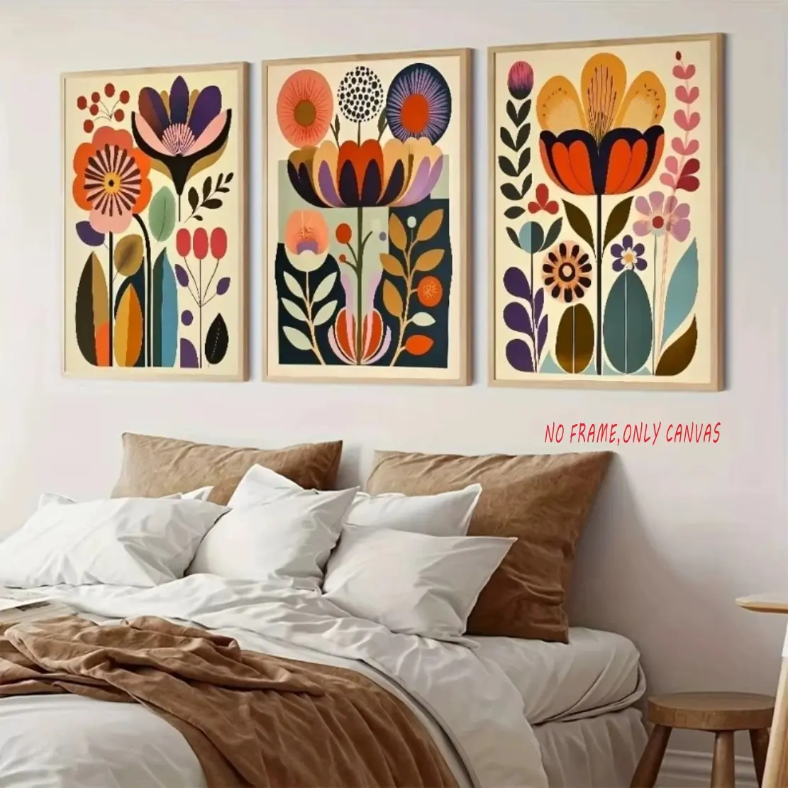3-Piece Set Frameless Scandinavian Folk Art Printed Canvas Bohemian Plant Wall Art Poster Modern Living Room Nordic Home Decor frameless