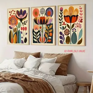3-Piece Set Frameless Scandinavian Folk Art Printed Canvas Bohemian Plant Wall Art Poster Modern Living Room Nordic Home Decor frameless