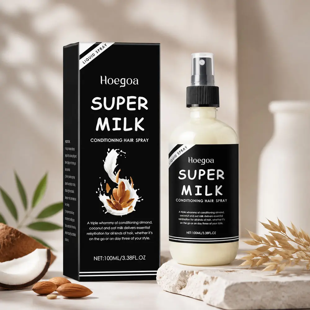Hoegoa Super Milk Hair Spray, Unisex Leave-In Conditioner, Heat Protectant Anti-Frizz Detangler, Lightweight Hydrating Hair Mist with Oat Milk & Coconut Extract, Daily Styling Spray for Curly Dry Damaged Hair