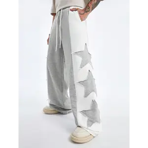 Star Pattern Contrast Trousers, High Street Style Casual Loose Sports Pants with Stitching Detail, Machine Washable Polyester, Daily, Polyester