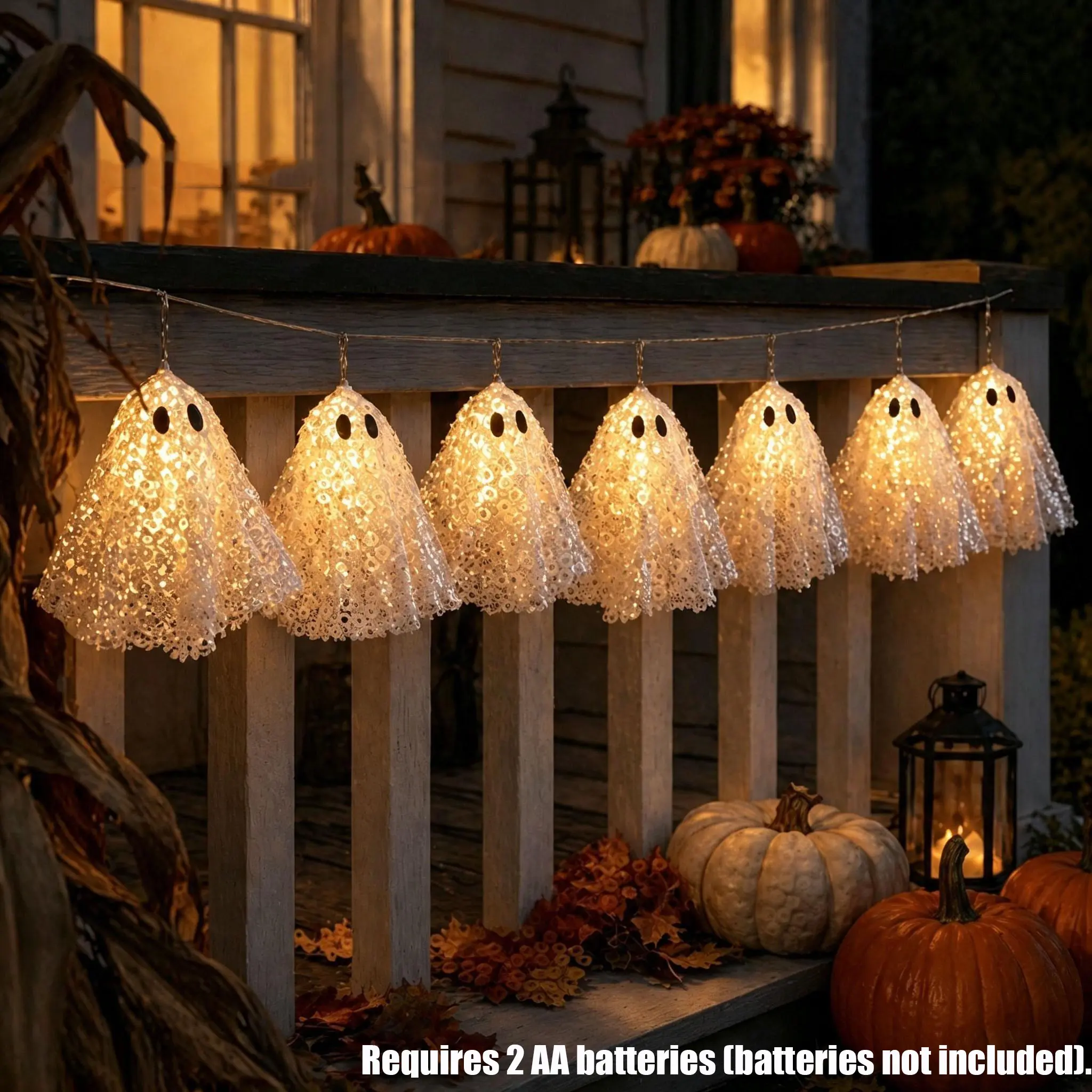 Halloween Lace Ghost Garland, Spooky Fabric Ghost Hanging Banner Decor, Requires 2 AA Batteries (Batteries Not Included), Vintage Ghost Ornament String, Perfect Decor for Fireplace Mantel, Wall, Door, Indoor Home Party & Haunted House Decorations