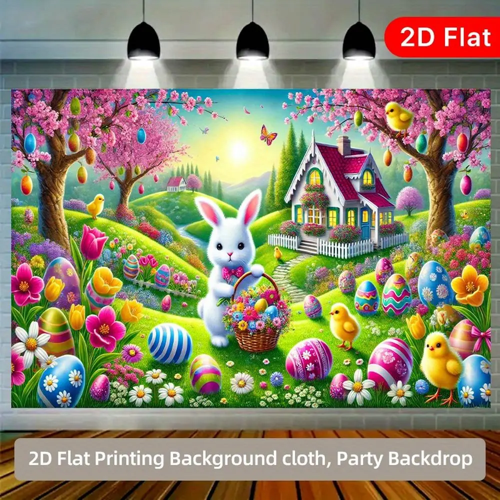 1PC Polyester 2D Flat Easter Themed Decorative Backdrop - Multicolor Cartoon Rabbit & Easter Eggs Banner, Indoor/Outdoor Children’s Party Photo Prop, Home Birthday Festive Event Tapestry