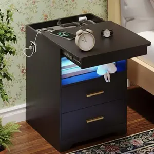 MIU Nightstand  Gun & jewelry With Sliding Top Charging Station And LED Lights Furniture Bedroom Modern Design Bedside Table Drawer Home