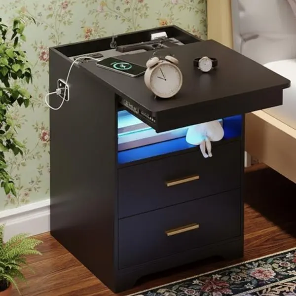 MIU Nightstand  Gun & jewelry With Sliding Top Charging Station And LED Lights Furniture Bedroom Modern Design Bedside Table Drawer Home