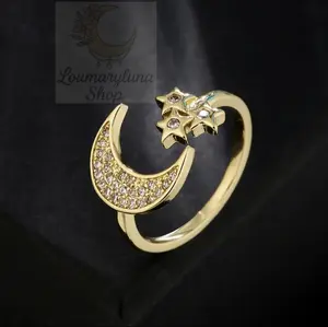 Loumaryluna Shop Luna y Estrellas Anillo Abierto Oro Laminado 18K / Copper 18k Gold Zircon Star Moon Geometric Open Ring for Adults