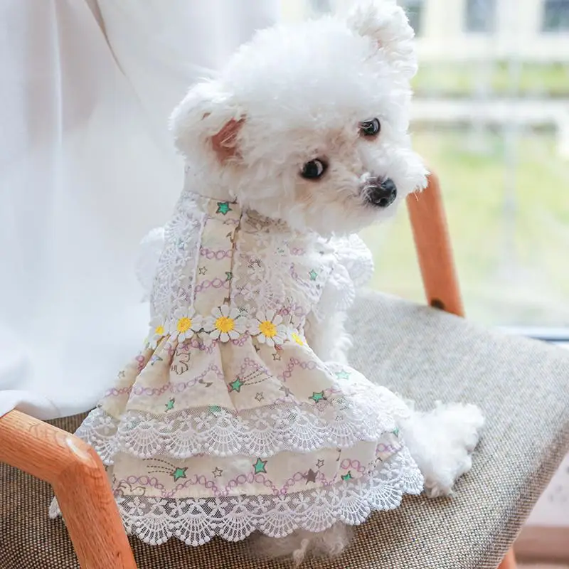 Cat Floral Print Lace Pet Dress, 1 Count Elegant Princess Style Summer Dog Dress for Small Girl Puppies Doggies Kittens, Fashionable Pet Clothes Dogs