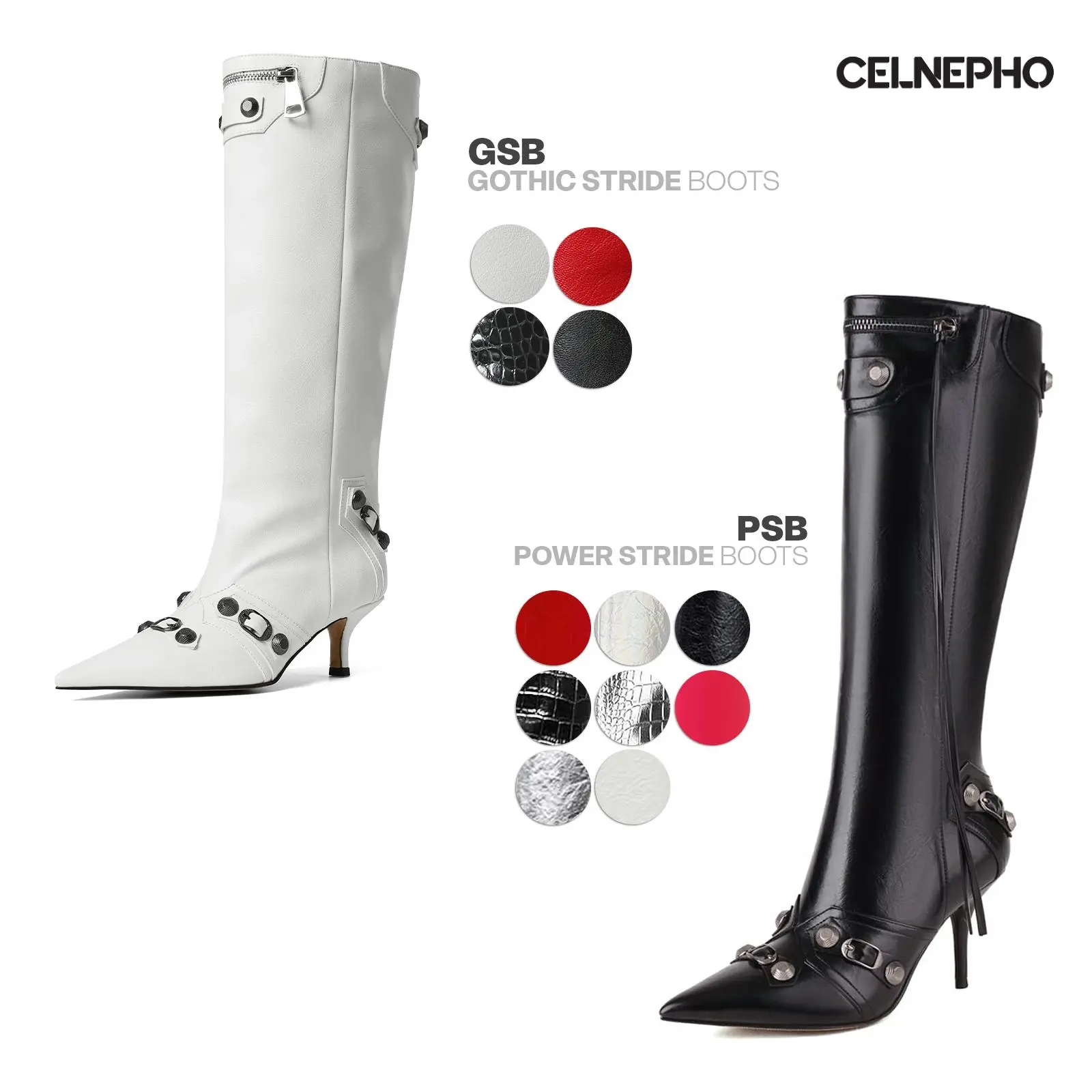 CELNEPHO Gothic Boots for Women Pointed Toe Metal Rivet Tassel Stiletto Dress Boot Kitten Heel Zipper Closure Dressy Party Date Gift Wedding Fashion Long Tall Shoes