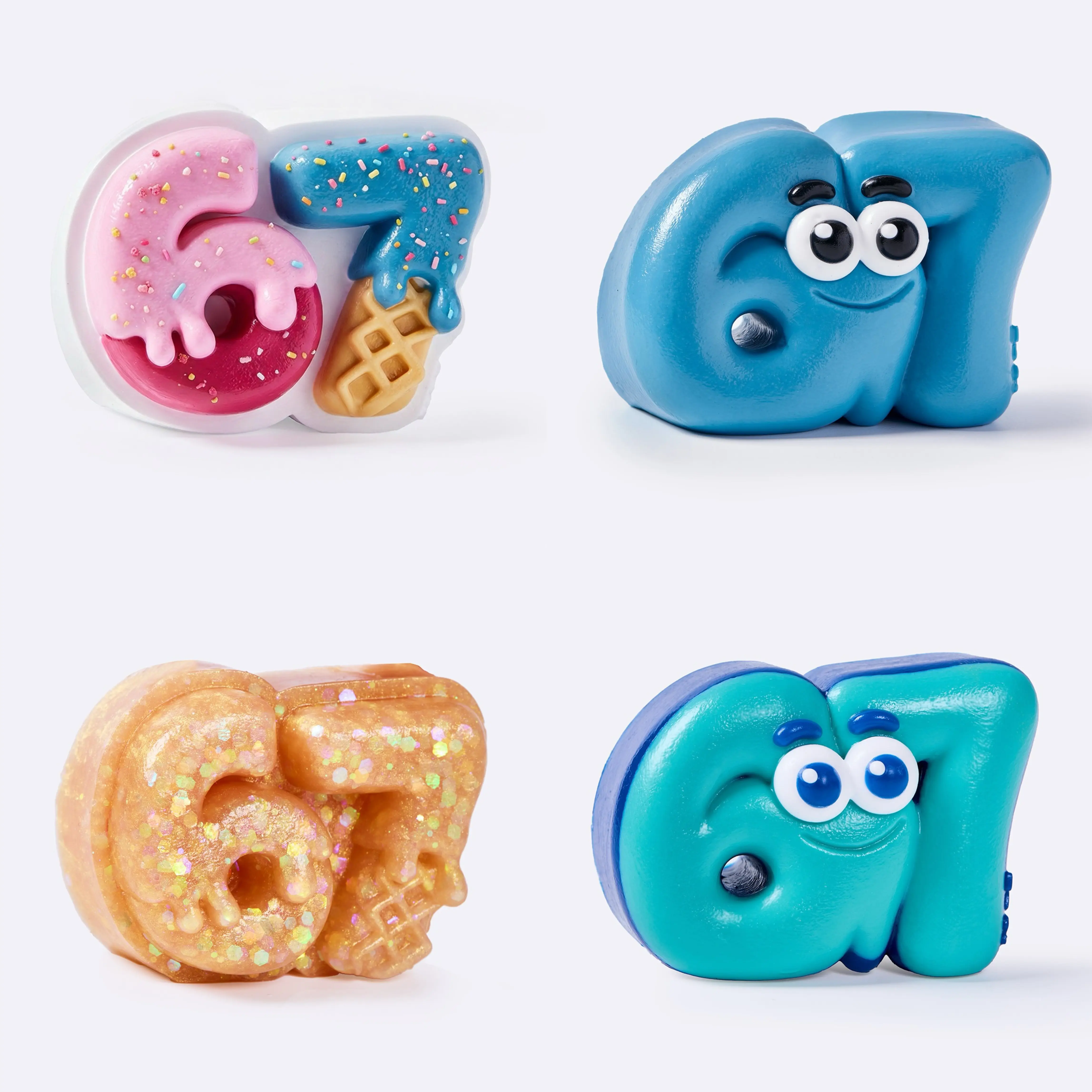 Taba Squishy Back To School Handmade Number 67 Figure Squishy Toy Set, 4 Styles Kawaii Slow Rising Stress Relief Fidget Squeeze Toy, Backpack Bag Charm Collectible Gift