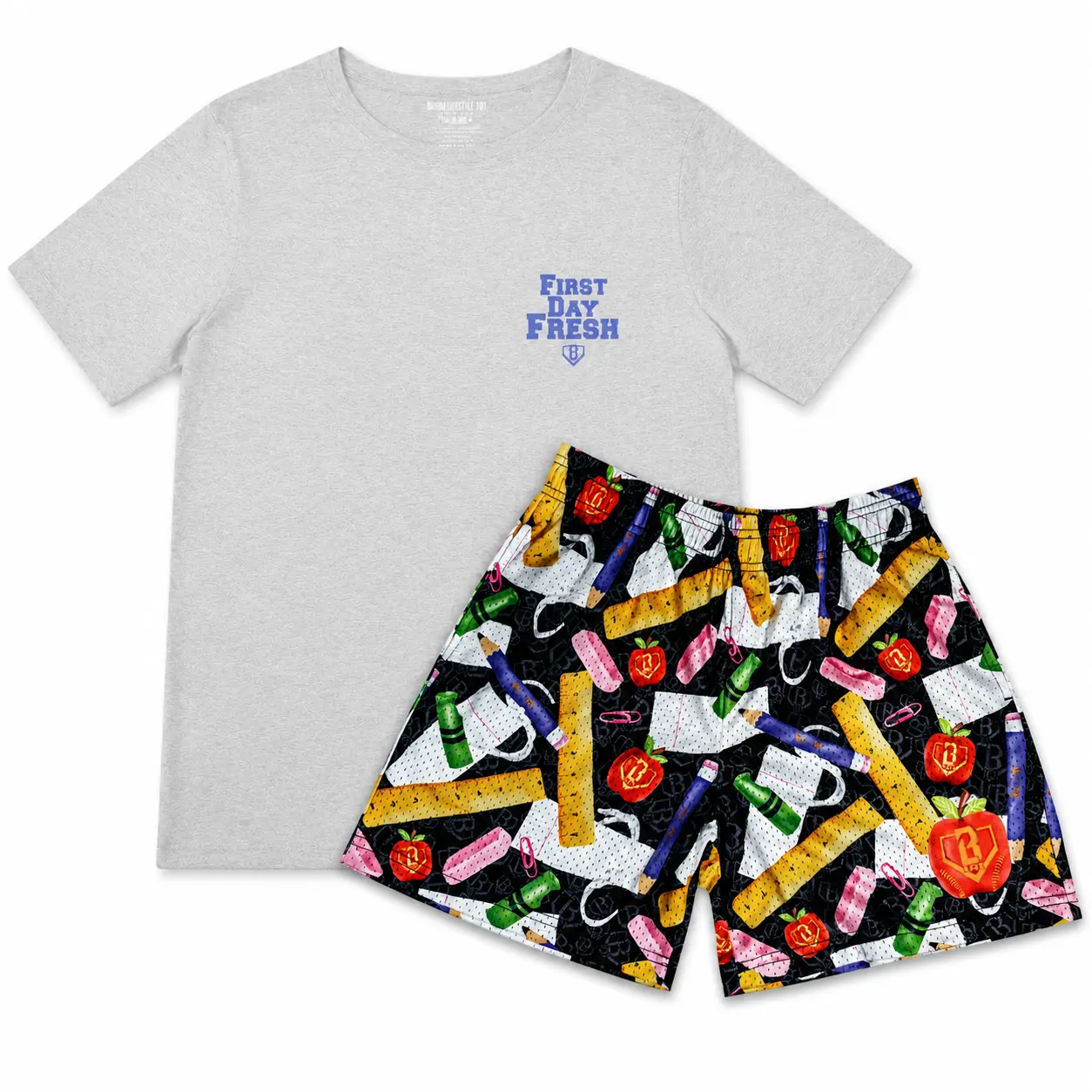 First Day Fresh Tee & Shorts Set, Baseball LS 101 Matching Outfit for Youth & Adults, Colorful Baseball Streetwear Set
