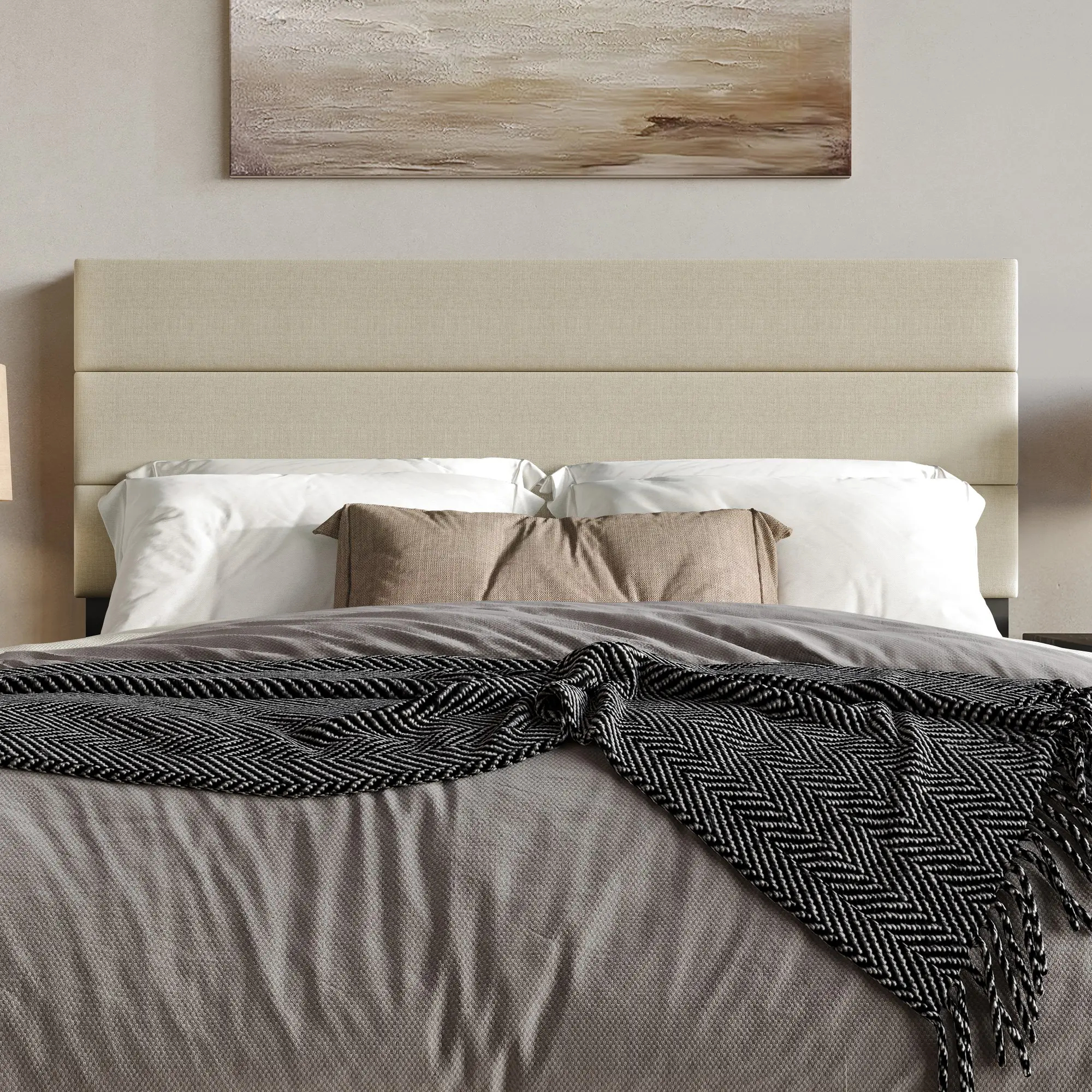 Favorer Corona Classic Linen Wood Tufted Foam Upholstered Headboard - Multi-Size Twin-King Fit, Horizontal Channel Tufting, Foam Padding, Beige, Easy Assembly, Full Size (56.9"w x 2.0"l x 46.6"h) Headboard for Bed