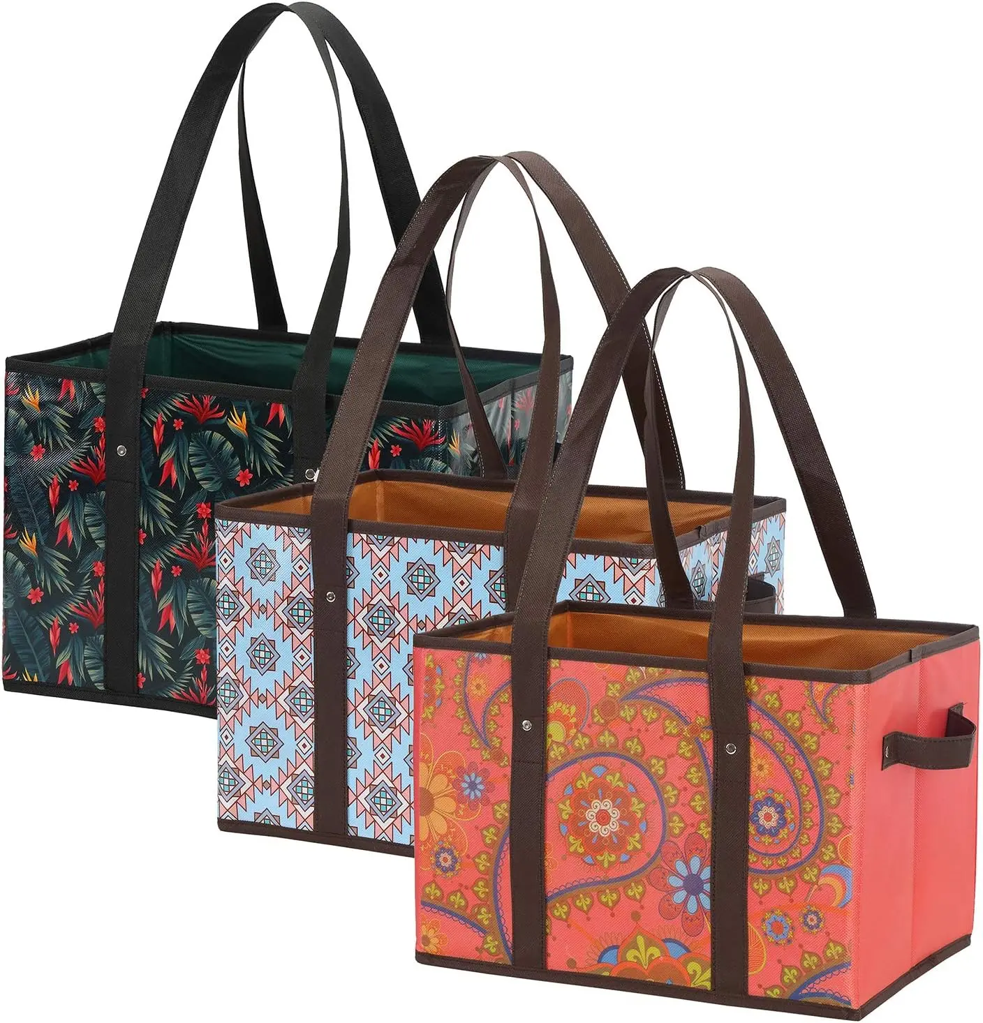 Reusable Heavy-Duty Grocery Tote Bag Set, Collapsible Open-Top Shopping Box Bag with Reinforced Base, Metal Rivets, Multi-Function Storage Bins, Grocery Bags