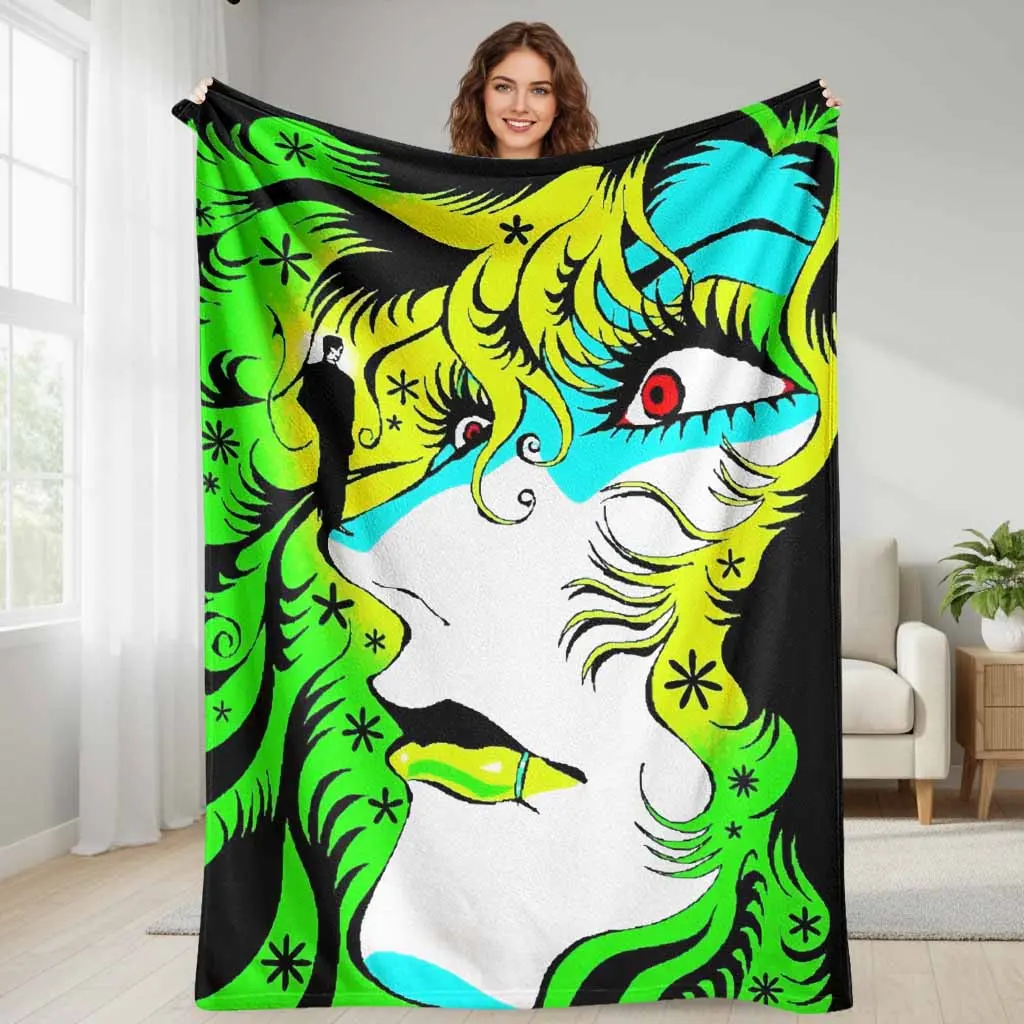 Abstract Pop Art Flannel Blanket Vivid Neon Green Hair Floral Pattern Lightweight Ultra Soft Breathable Throw Perfect For Living Room Couch Bedroom Bed Decor Couch Snuggling Gift Ideas