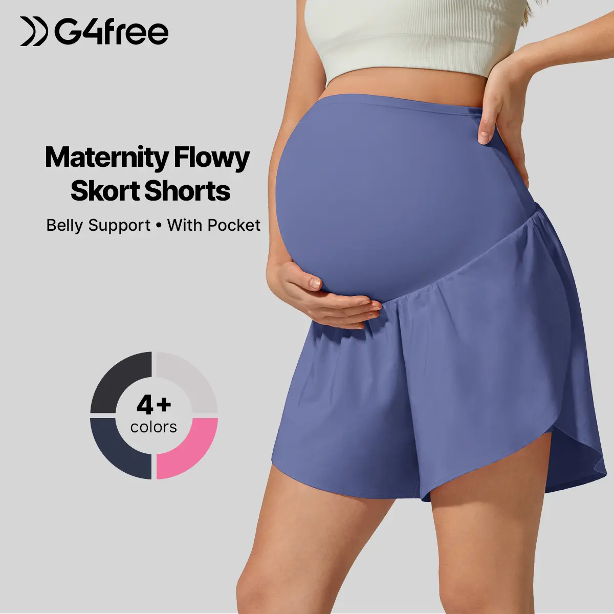 G4Free Chillwhisp Women's Maternity Flowy Skort Shorts - Belly Support Maternity Clothing, Activewear with Pocket, Built-in Brief Liner