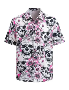 TIXMIE Vintage White Pink Skull & Cherry Blossom Print Casual Shirt, Men's Short Sleeve Button Up Beach Wear