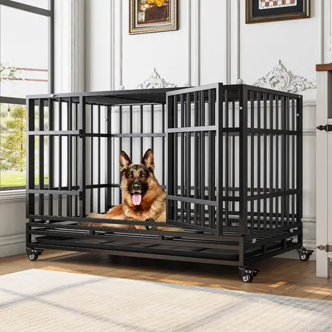 48 inch Heavy Duty Dog Crate, Indoor Door Cages for High Anxiety Indestructible, Large Dog Kennel Double Door, Crates with 360° Wheels, Removable Extra-Large Tray, Black